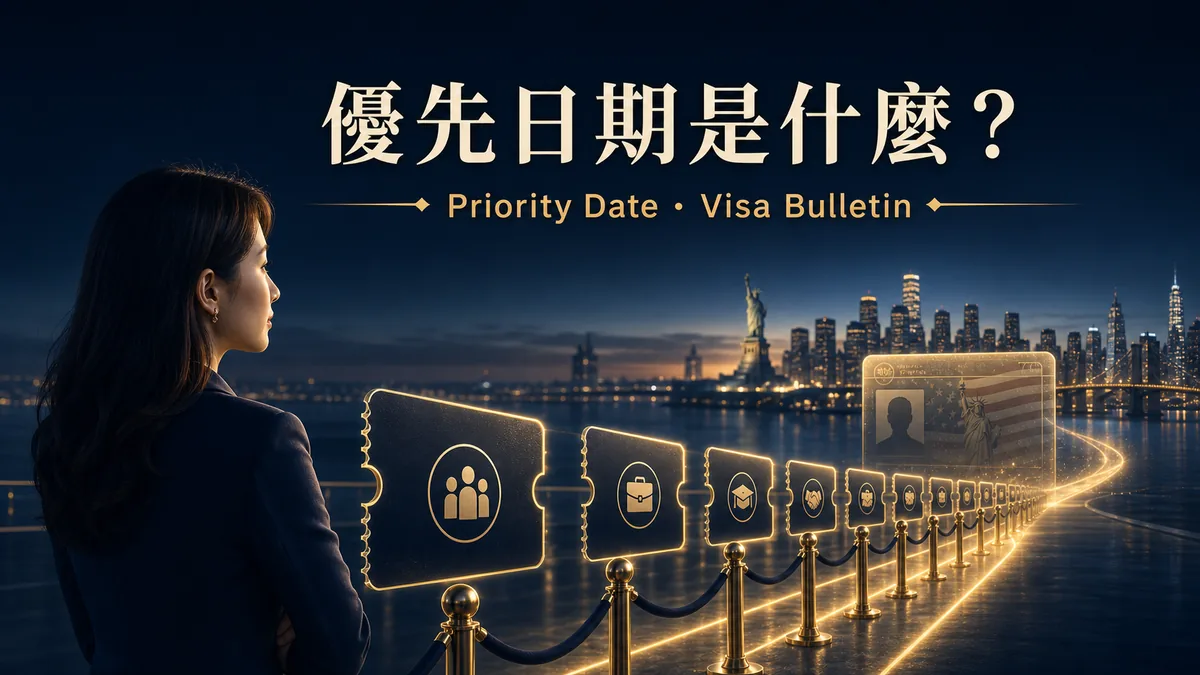美國移民優先日期文章封面，以排隊號碼牌與通往美國綠卡的時間路徑呈現 Priority Date